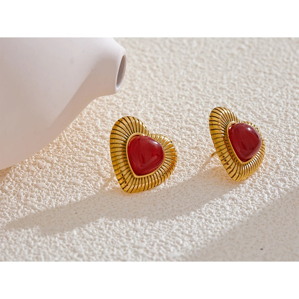 Red Stone Agate Stainless Steel Stylish Heart Stud Earrings