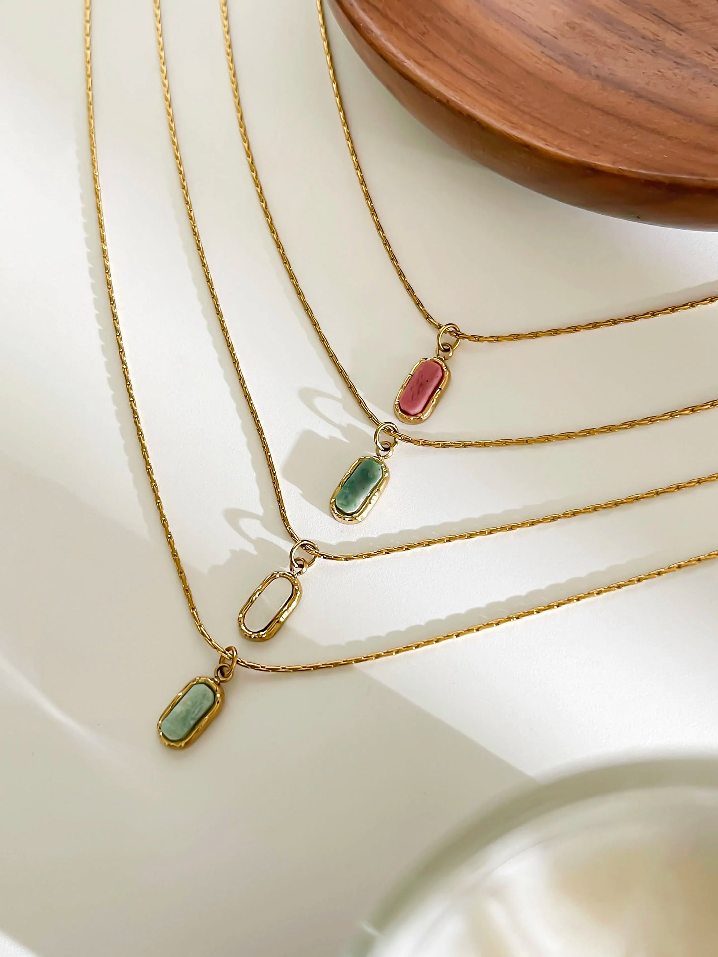 VAIGE Dainty Natural Stone Green White Red Oval Pendant Necklace Stainless Steel