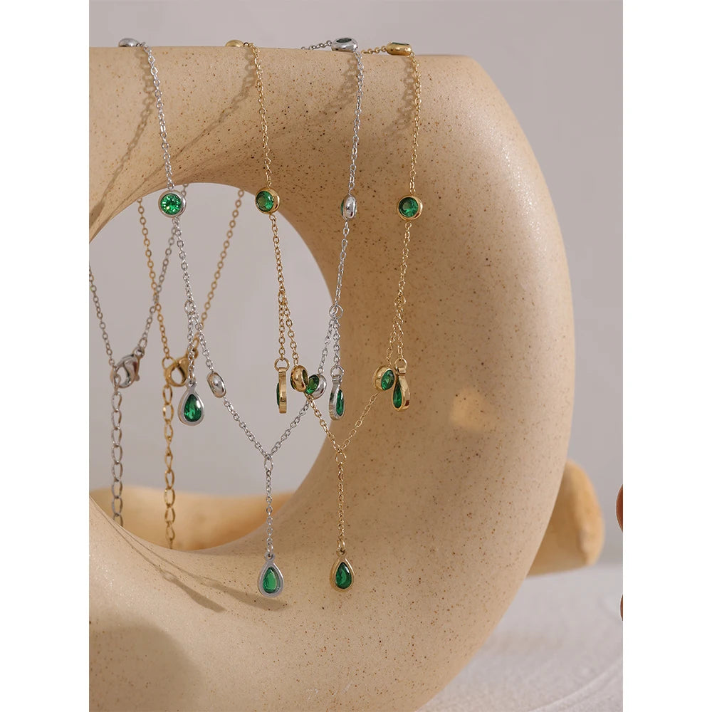 VAIGE Radiant Emerald Green & Gold Zirconia Dangle Necklace in Stainless Steel