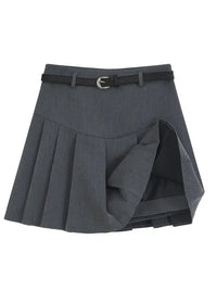 VAIGE Chic Pleated Mini Skirt with Belt - High Waisted Solid Gray Black A-Line Above Knee Broadcloth Skirt