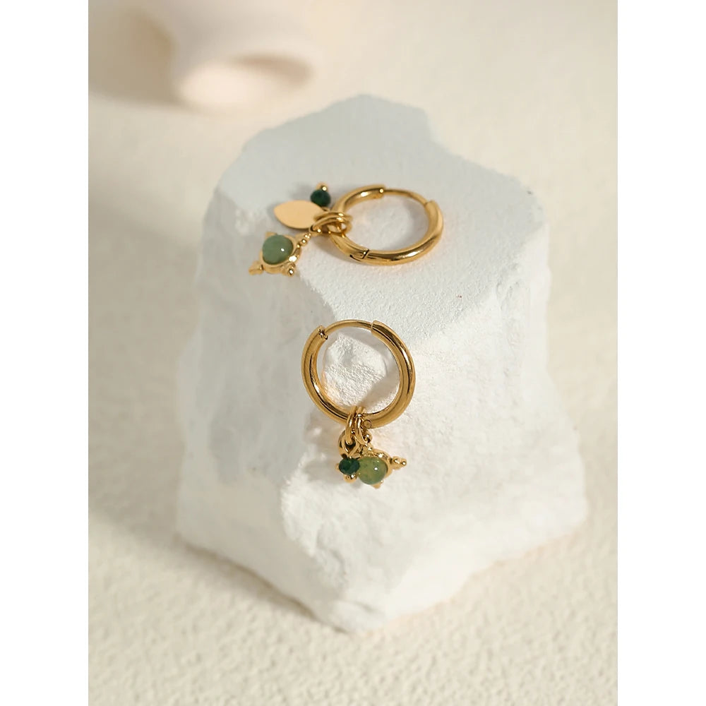 VAIGE Trendy Stainless Steel Hoop Earrings with 18K Gold PVD Plating and Natural Stone Charms, Elegant Drop Jewelry Gift