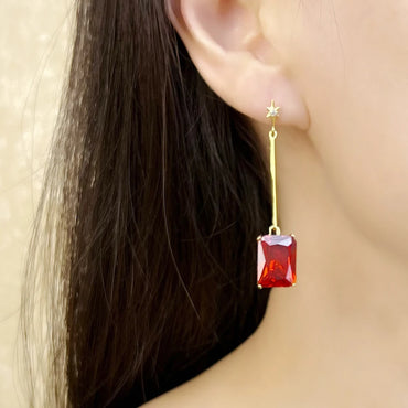 VAIGE Elegant Long Drop Gold Earrings with Large Red Stone and Star Design in Sterling Silver 925