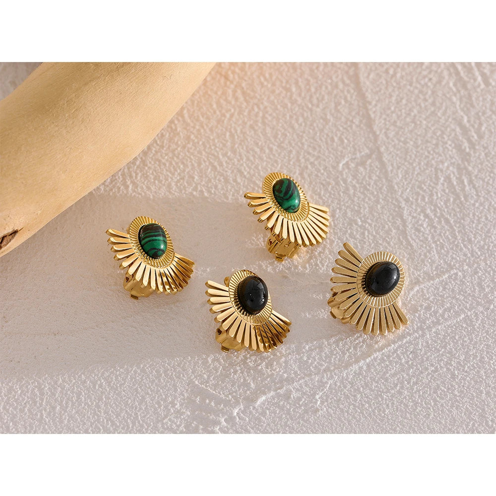 Black + Green Stone Sun Flower Stainless Steel Earrings