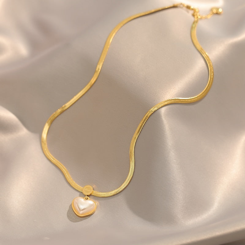 Pearl Heart Herringbone Necklace