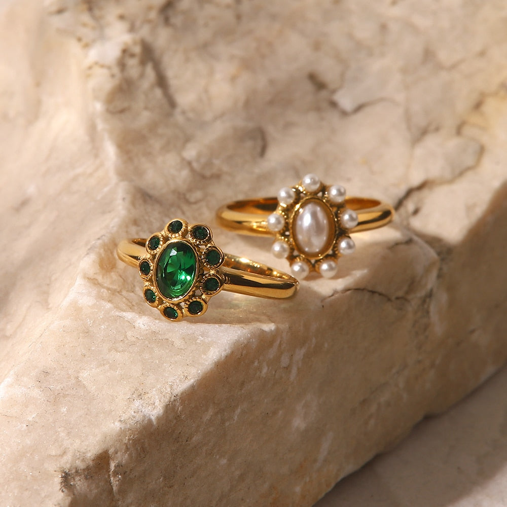 Emerald Pearl Oval Rings